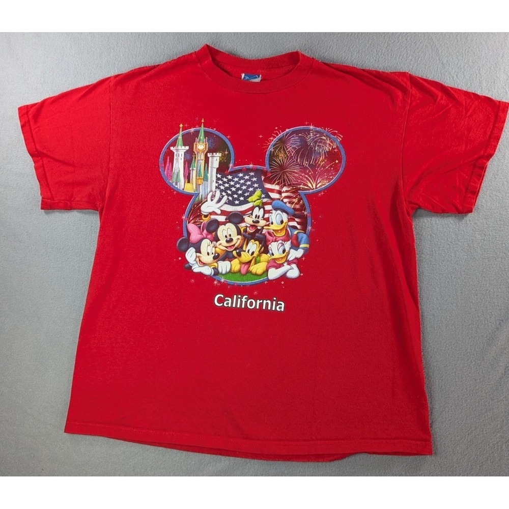 Disney Mens California Mickey &‎ Friends Graphic T-Shirt XL Red Short Sleeve